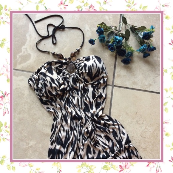 🎀 ANIMAL PRINT DRESS TRIBAL HALTER BEADED BOHO SHORT SMALL PETITE PADDED TOP - Picture 2 of 9